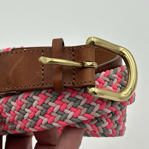 J Crew Belt Women's M Pink Braided Leather Tab Brass D Ring Buckle Made USA - Picture 1 of 6